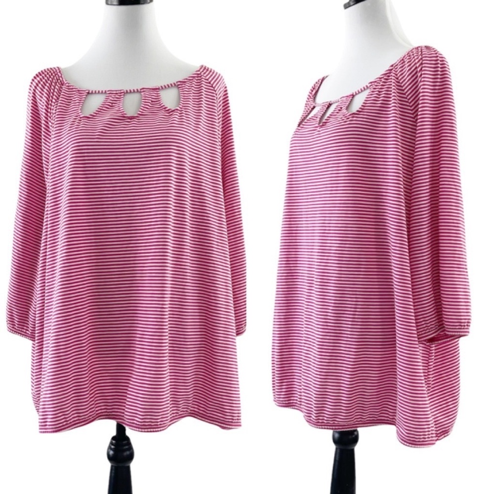 Faded Glory Plus Size Cut Out Boat Neck 3/4 Sleeve Red & White Stripe Top 4X